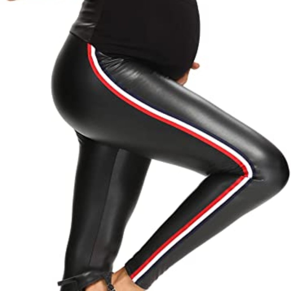 NWT Racer Stripe Black Faux Leather Maternity Leggings
